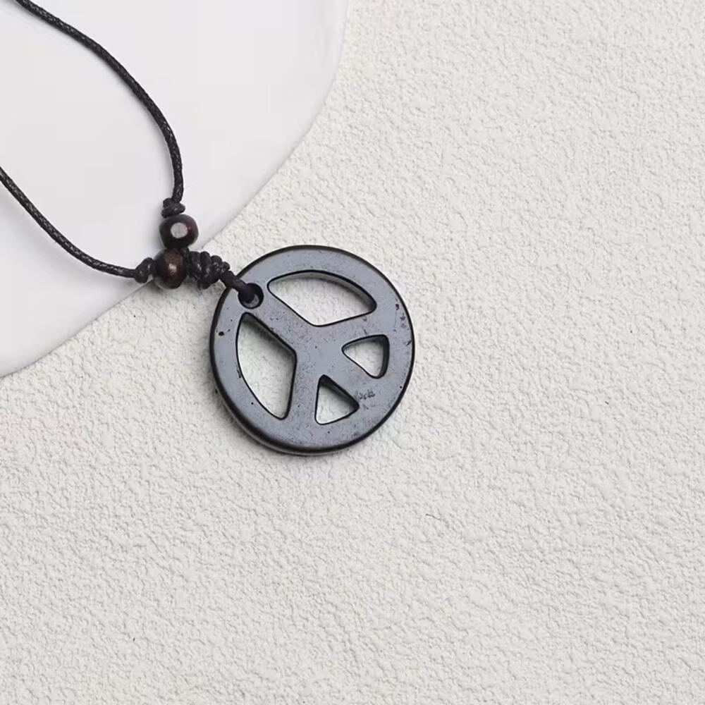 Men's Peace Sign Necklace Black Braided Charm Jewelry Adjustable Unisex Acrylic